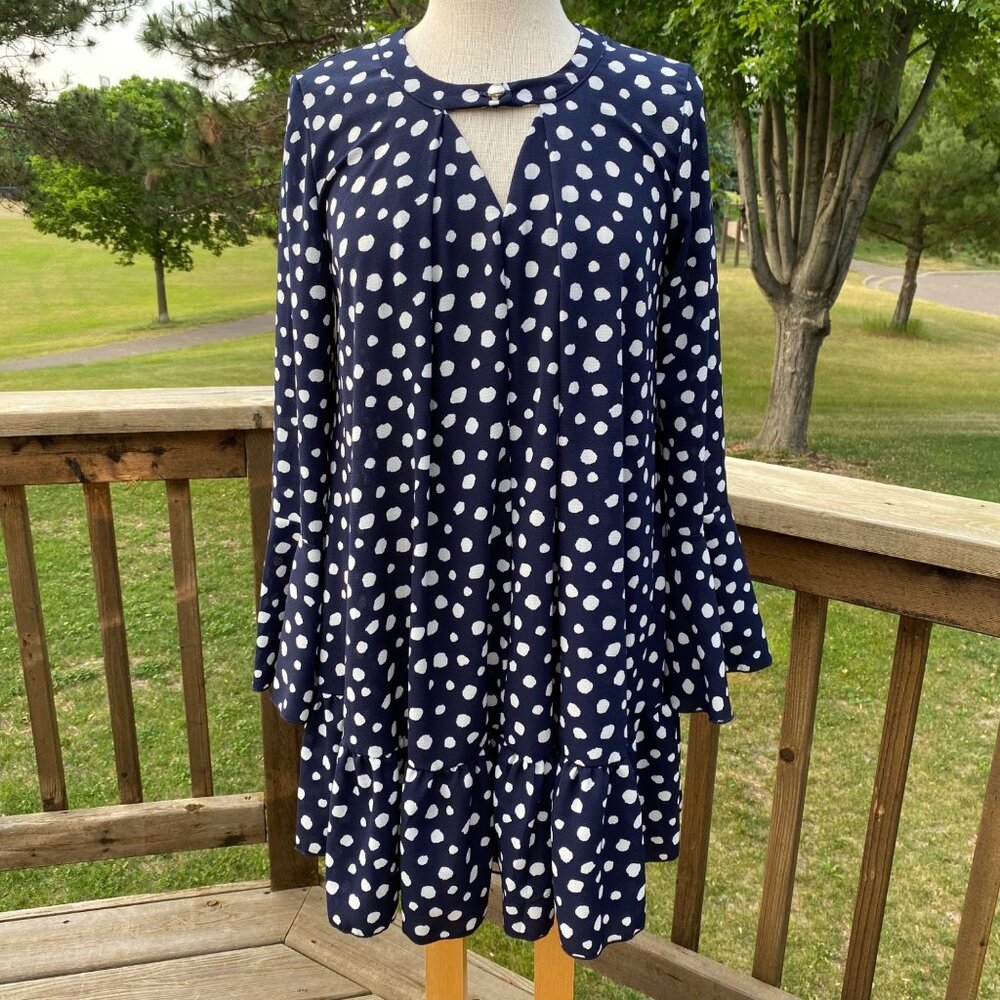 Navy Blue Polka Dots Mini Dress Tunic Top Women Size M  Bell Long Sleeve Cut Out - Picture 13 of 15